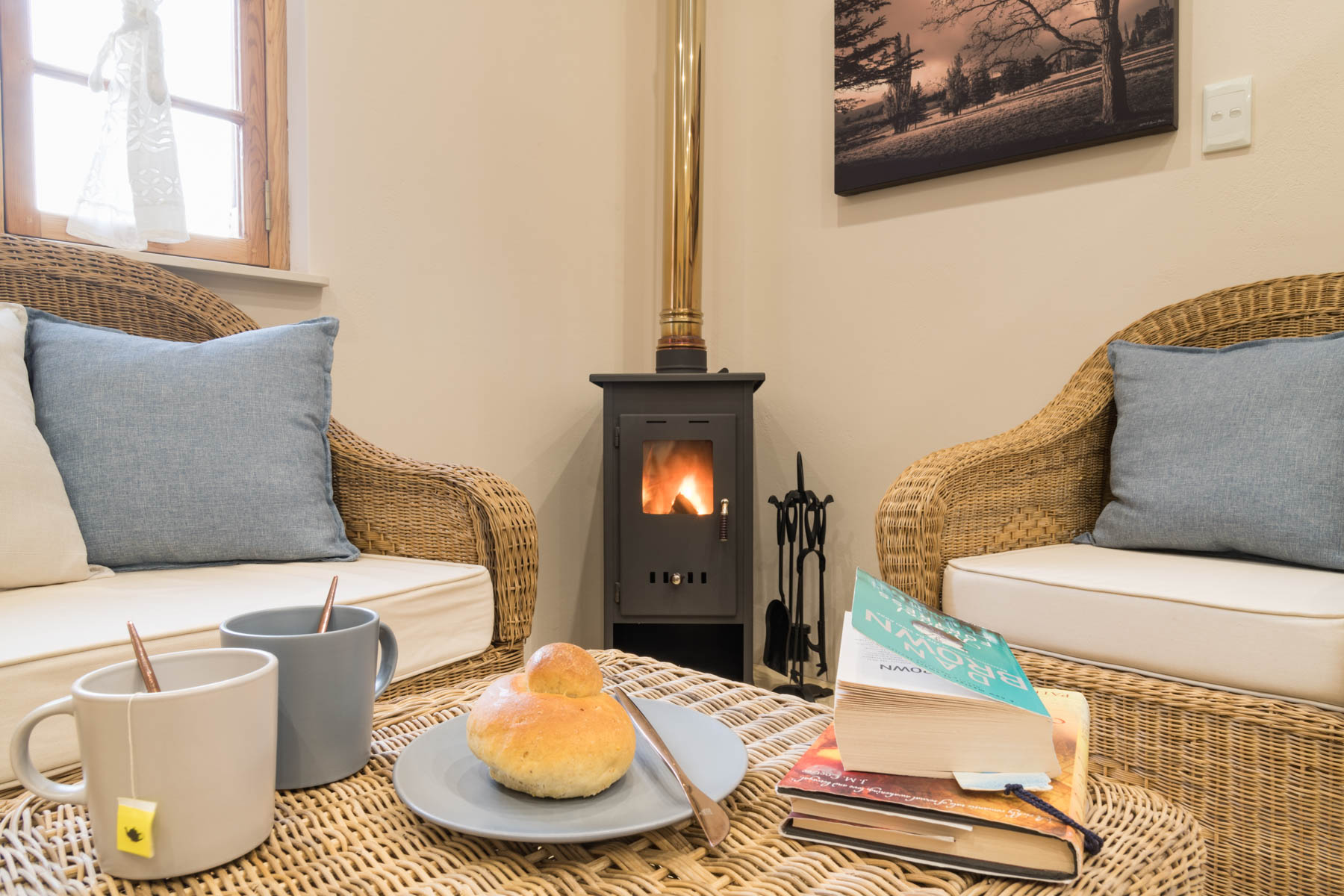 Living area, wood burning stove